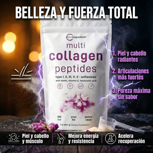Multi Collagen Peptides™ | Colágeno Hidrolizado 5 Tipos con Biotina y Glucosamina para Piel, Articulaciones y Huesos